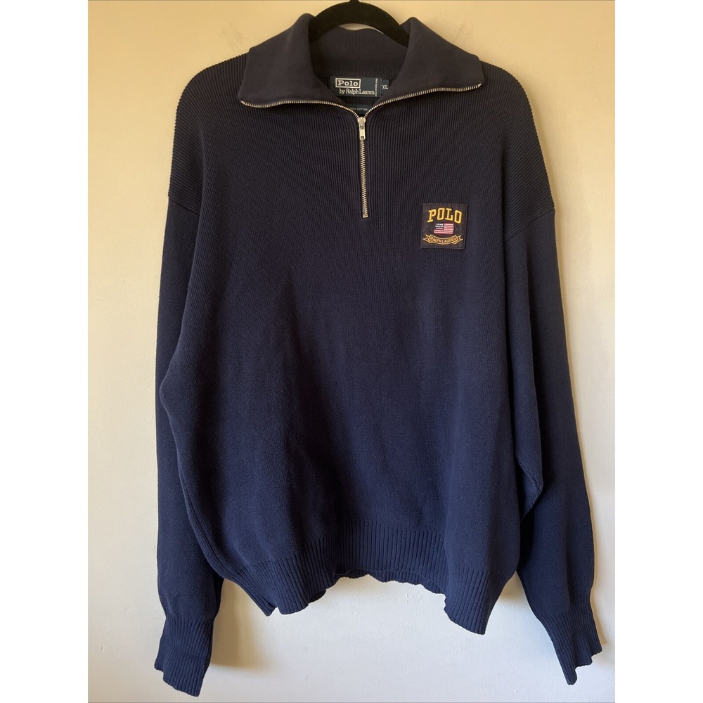 Vintage Polo Ralph Lauren 1/4 Zip Pullover, Blue Flag Logo Patch Size XL 90s Y2K
